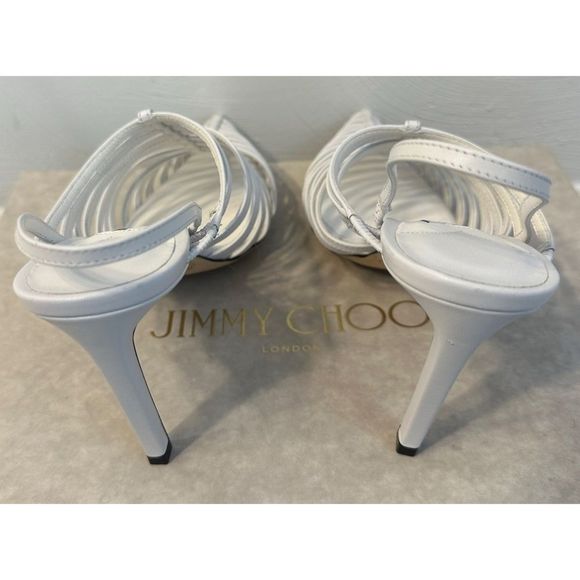 Jimmy Choo Thu 85 White Nappa Leather Sling Back Heels with Horizontal Straps - Picture 4 of 16
